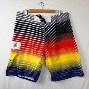 Y2K Billabong Board Shorts Sz 38 Embroidered Logo Striped Sunset Gradient